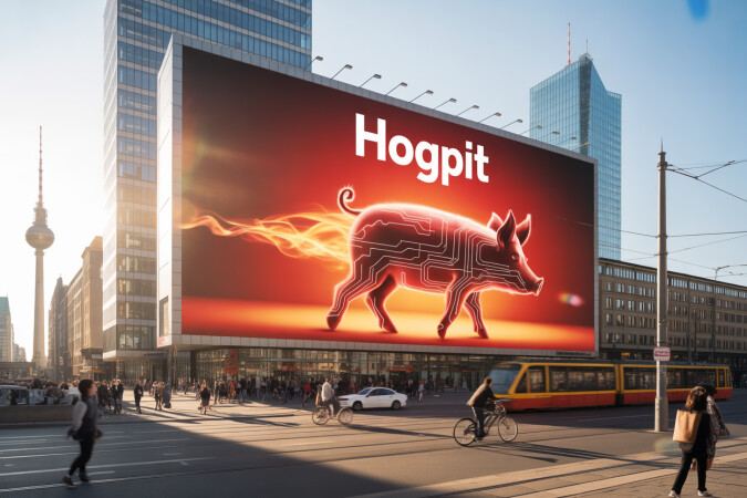 A city billboard showing the Hogpit name above a glowing red pig with a trail of flame