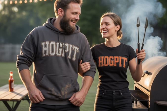 Two people in HOGPIT hoodie and T-shirt laughing beside a smoking barbecue smoker, one holding tongs and a fork